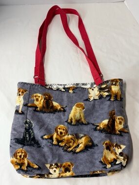 Handmade Dog Print Tote Bag Gray Puppy Fabric Pink Straps